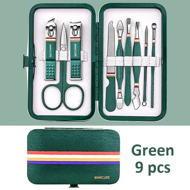 Conjunto de manicure de 6 a 9 peças com estojo de couro, kit profissional para cuidados com os pés e rosto, conjunto de cortadores de unha em aço inoxidável, ideal para presente.