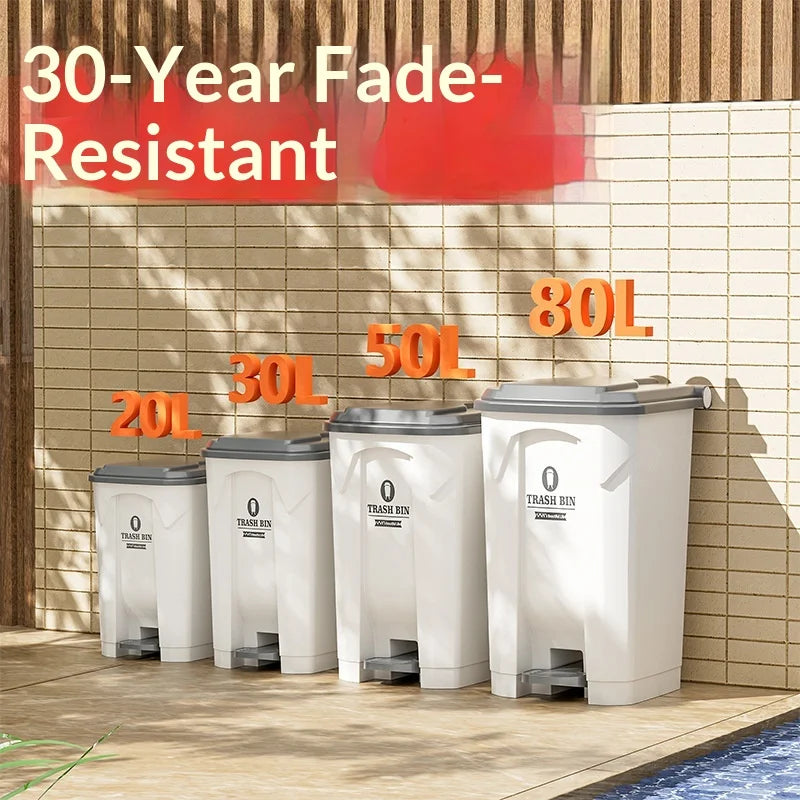 Lixeira Pia de grande capacidade com pedal, 20L, 30L e 50L, para uso comercial, doméstico, cozinha, jardim e áreas externas. Possui tampa, acionamento sem contato e grande capacidade.