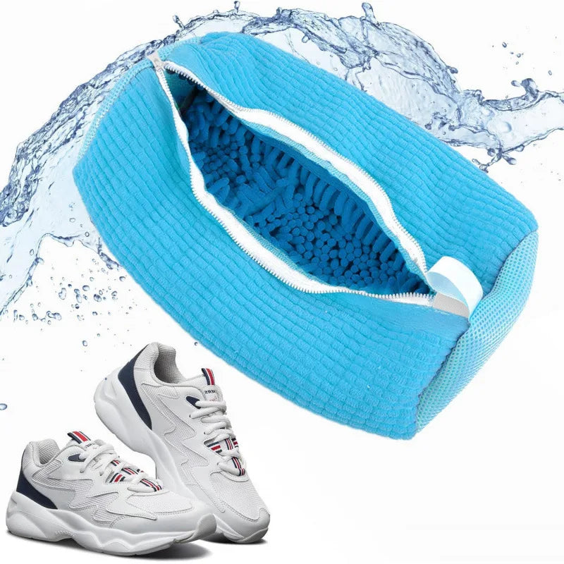Fluffy Fiber Shoe Washing Bag 360° Surround Cleaning Reusable Durable Machine-Washable Laundry Bag with Zipper Closure (1pc)