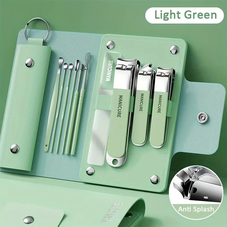 Conjunto de manicure de 6 a 9 peças com estojo de couro, kit profissional para cuidados com os pés e rosto, conjunto de cortadores de unha em aço inoxidável, ideal para presente.