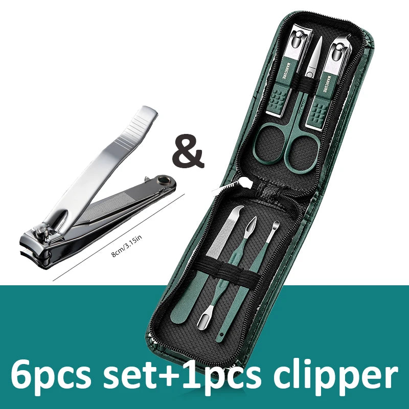 Conjunto de manicure de 6 a 9 peças com estojo de couro, kit profissional para cuidados com os pés e rosto, conjunto de cortadores de unha em aço inoxidável, ideal para presente.