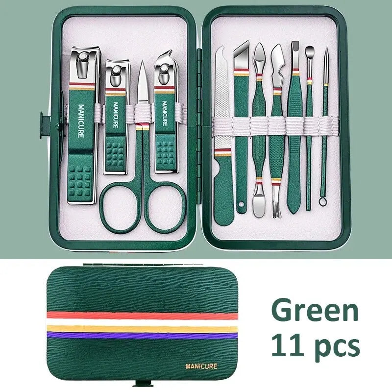Conjunto de manicure de 6 a 9 peças com estojo de couro, kit profissional para cuidados com os pés e rosto, conjunto de cortadores de unha em aço inoxidável, ideal para presente.