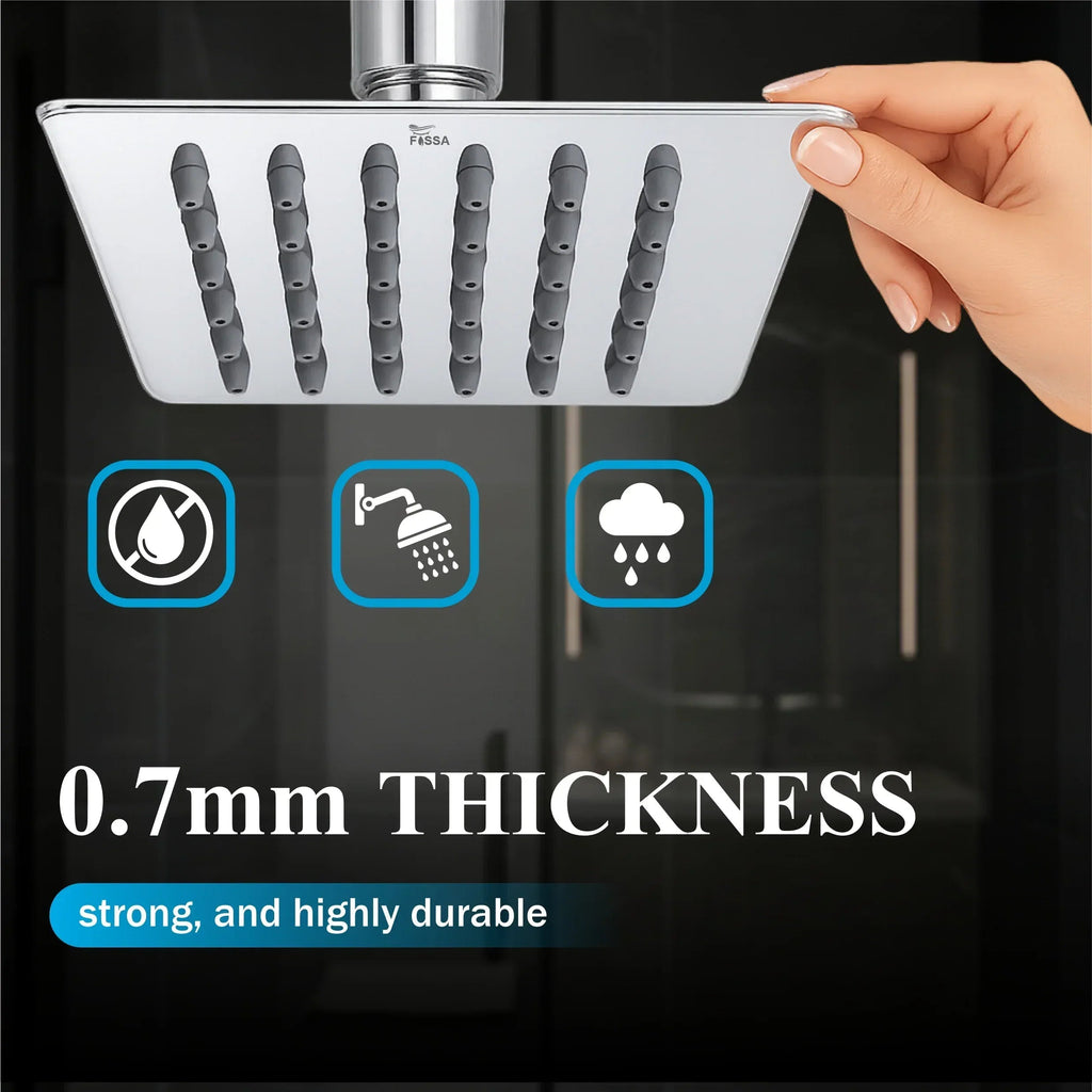 O chuveiro de teto Ultra de 4x4 polegadas em aço inoxidável 304, com braço de 9 polegadas, oferece um fluxo de água tipo chuva de alta pressão, desempenho durável e resistente à ferrugem, além de um elegante acabamento cromado para banheiros modernos.
