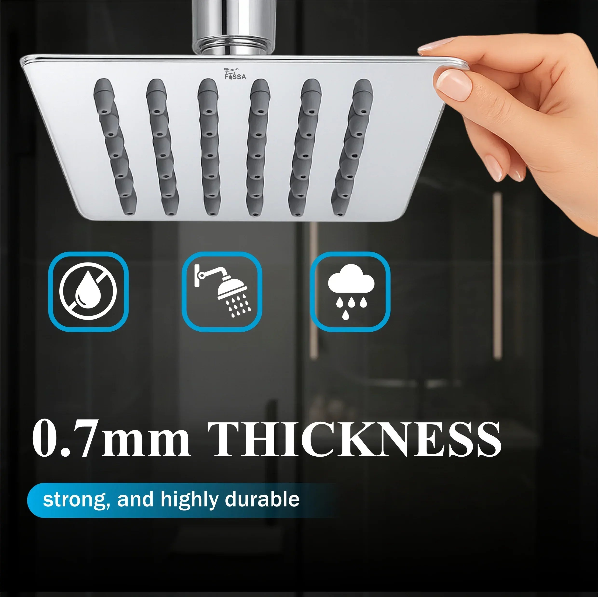 O chuveiro de teto Ultra de 4x4 polegadas em aço inoxidável 304, com braço de 9 polegadas, oferece um fluxo de água tipo chuva de alta pressão, desempenho durável e resistente à ferrugem, além de um elegante acabamento cromado para banheiros modernos.