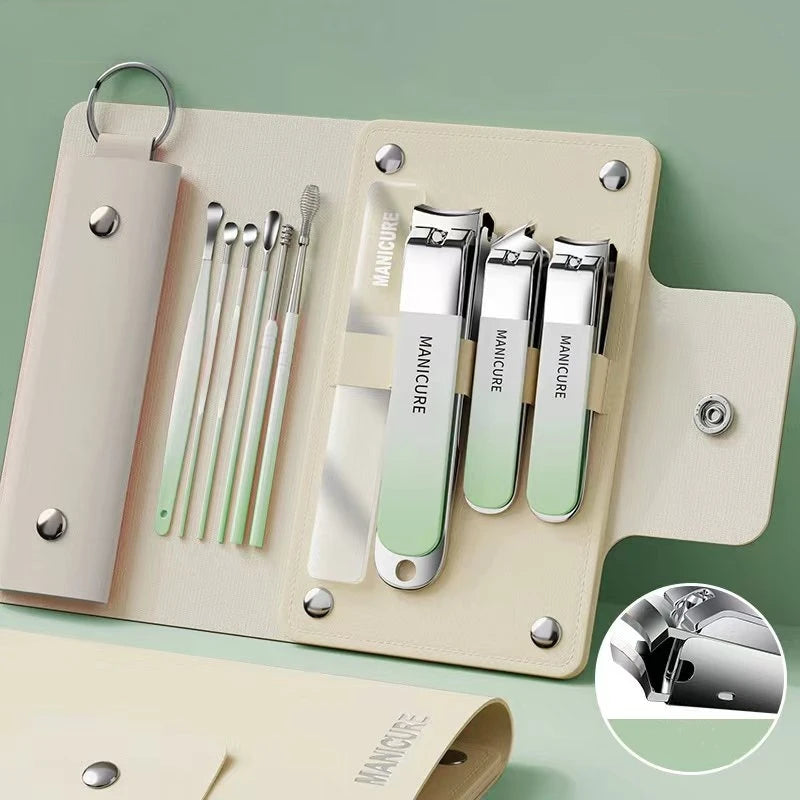 Conjunto de manicure de 6 a 9 peças com estojo de couro, kit profissional para cuidados com os pés e rosto, conjunto de cortadores de unha em aço inoxidável, ideal para presente.