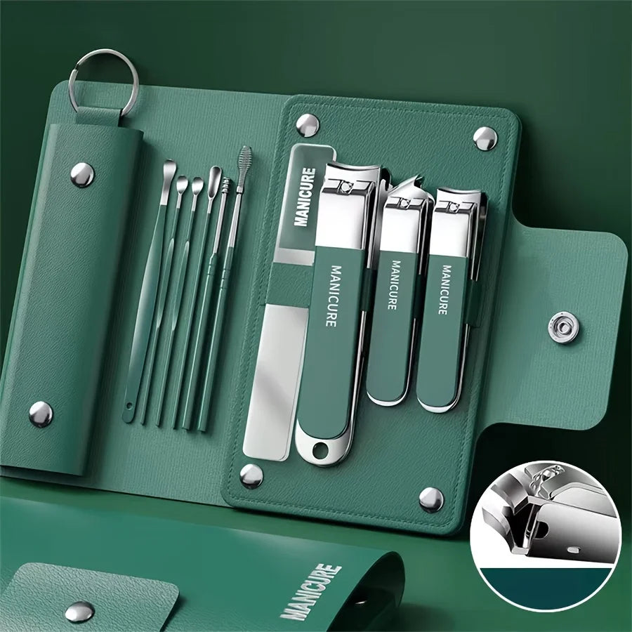 Conjunto de manicure de 6 a 9 peças com estojo de couro, kit profissional para cuidados com os pés e rosto, conjunto de cortadores de unha em aço inoxidável, ideal para presente.